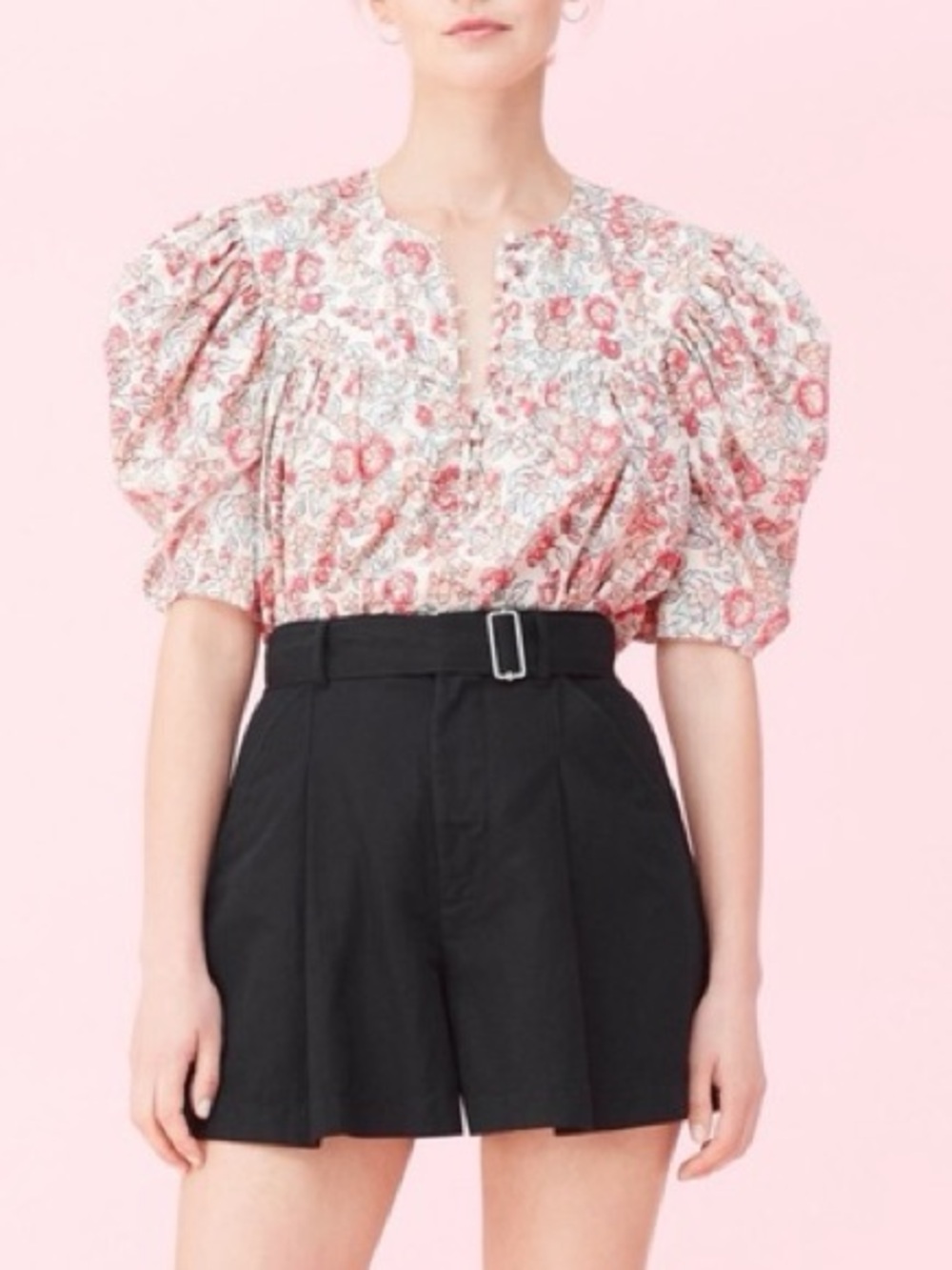 La Vie Rebecca Taylor Cotton Short Sleeve Floral Puff-Sleeve Blouse in Pink - S
